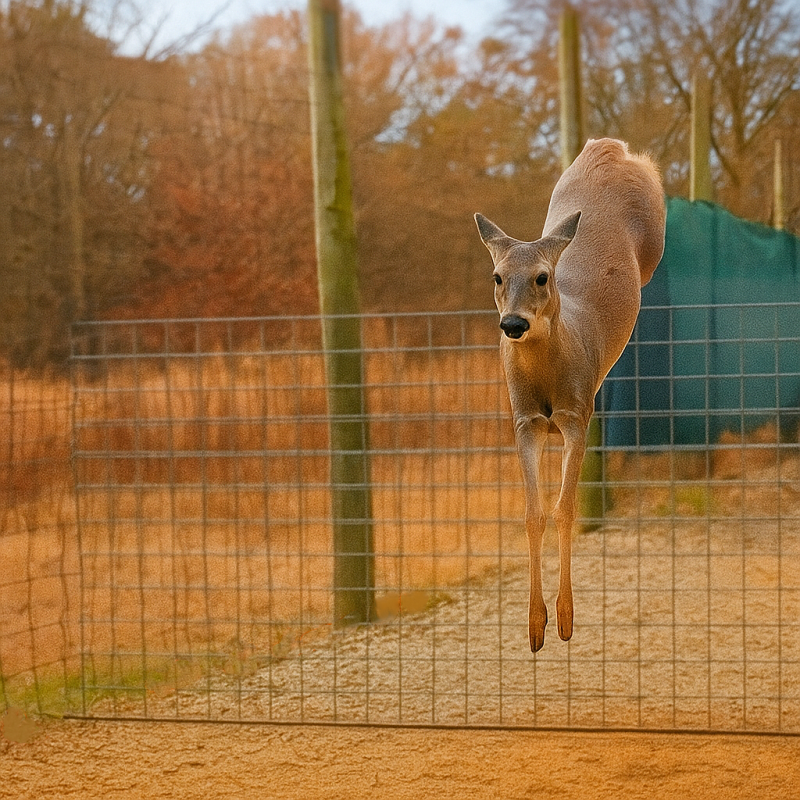 A single deer in mid-air, hopping a fence.